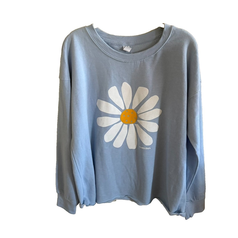 Marushka Women's Powder Blue Daisy Cotton Blend LS Pullover Top Medium New